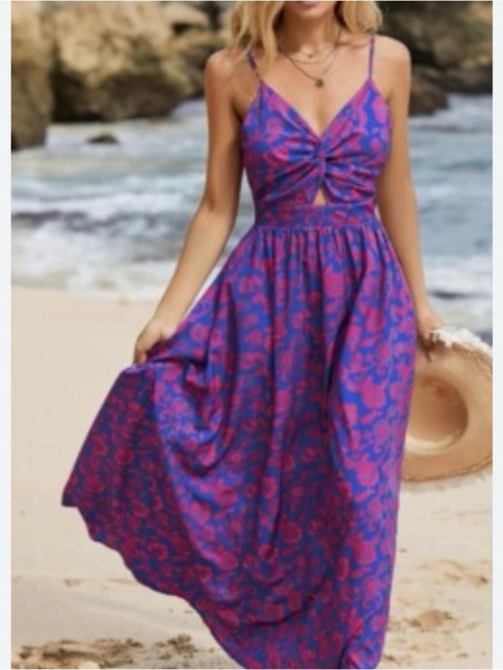 Cupshe Purple and Pink Floral Twist-Front Maxi Dress
